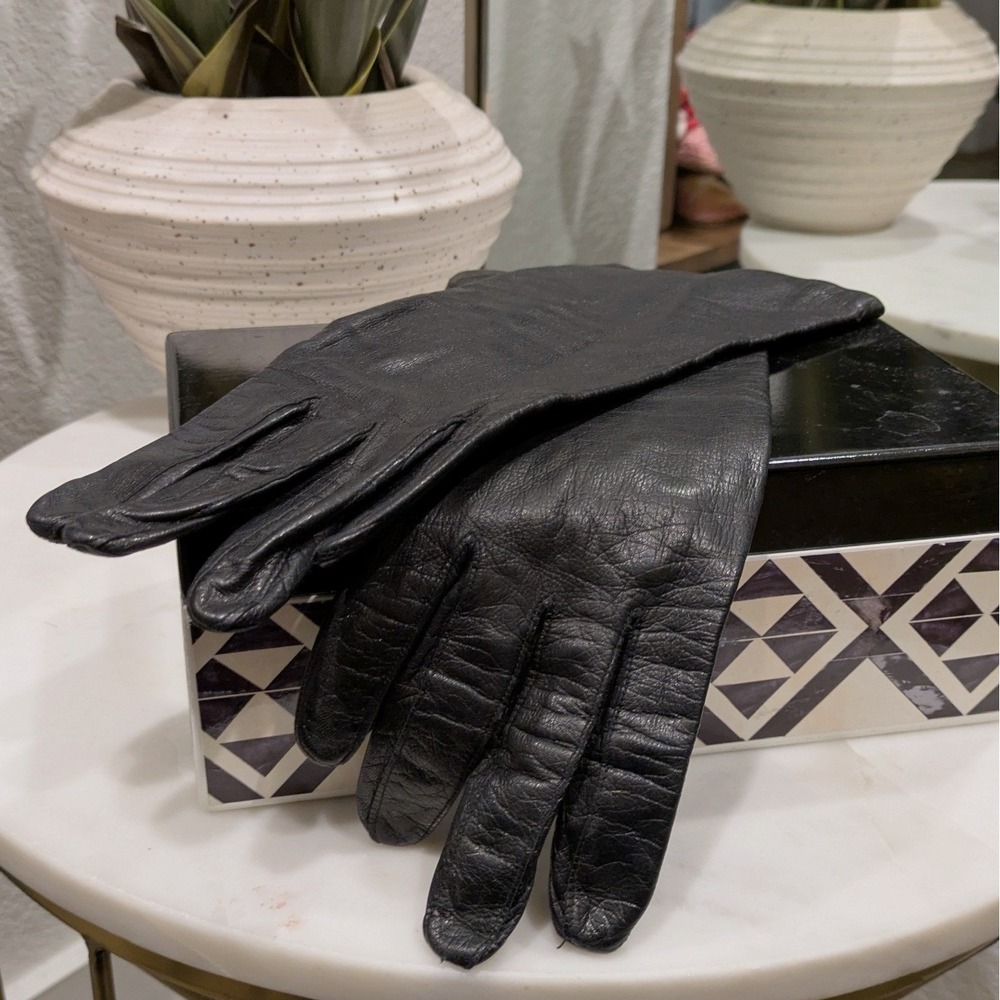 Vtg 1950s Aris of Paris Black Real Kidskin Leather Gloves Sz 7 French Mid-length